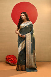 'Chand Boota' Dusty Green Pure Katan Kadhua Banarasi Handloom Saree